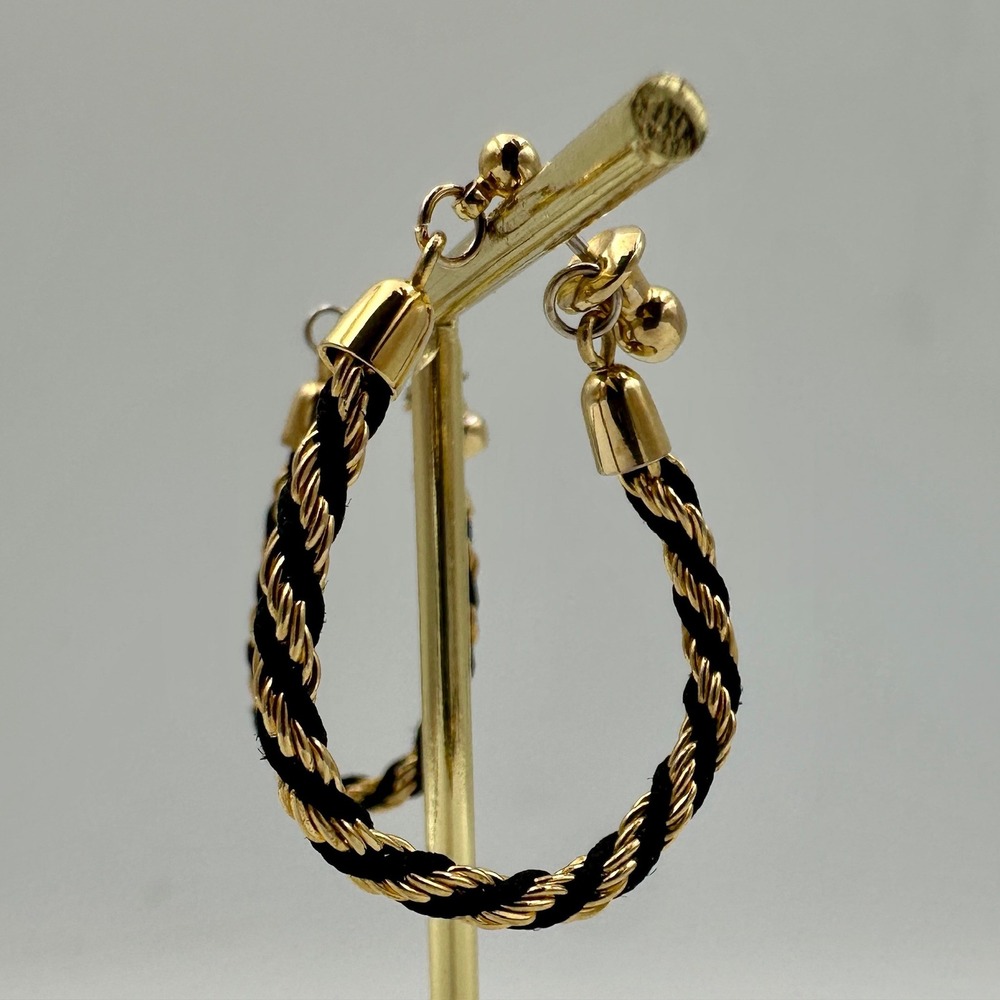 Vintage Gold Tone Black Twisted Rope Hoop Drop Earrings Post Back Mixed Media